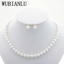 Wedding Jewelry Sets WUBIANLU Charming Women 8mm White Akoya Cultured Shell Pearl Necklace Earring Aet Jewelry Wholesale And Retal 230818