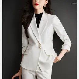 Kvinnors tvåbitar byxor högkvalitativ seniorkänsla vit kostym jacka vår och höst mode temperament yrke pärlknapp arbete