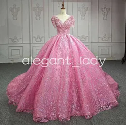 Pink Princess Luxury Quinceanera Dresses Shiny Cap Sleeve تنورة منتفخة منتفخة لؤلؤة مشد