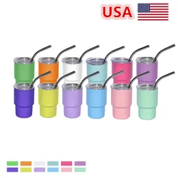 USA Warehouse 3oz Sublimation Shot Glass Cup 90ML Wine Tumbler Double Wall Stainless Steel Shot Glass Non Vacuum With Lid And Straw for DIY 12colors