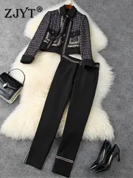 Dwuczęściowe spodnie damskie Zjyt moda moda tweed wełniana kurtka i spodnie 2 -częściowe pasujące set jesienne zimowe spodnie garnitury eleganckie biuro damskie stroje 2309918