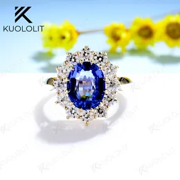 Bröllopsringar Kuoit Princess Diana 3CT Sapphire Ring för kvinnor Solid 14K Yellow Gold LabGrown Memory Engagement 230915