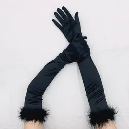 Five Fingers Gloves Sexy 53cm Elastic Full Finger Long Silk Satin Dance Party Cuff Feather Halloween Makeup Opera Stage Women s Mittens 230919