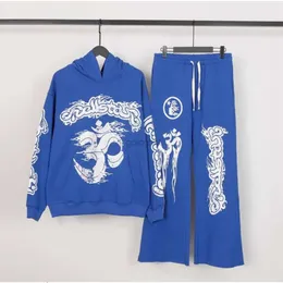 디자이너 패션 의류 럭셔리 남성용 스웨트 셔츠 Hellstar Studios 블루 요가 인쇄 남자와 여자 후드 스웨터 캐주얼 바지 세트 가을