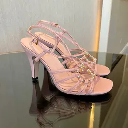 Crystal Embellishment Interlocking Style Sandals Heeled Chunky Block Heels Open-toe Women's Designers Leather Narrowband Combination Sandal Stiletto Heel