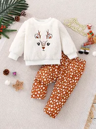 Zestawy odzieży Baby Girl Winter Gruby Kreskówka Haft Furry Top 2 Śliczne i wygodne Born Long Pants 230919