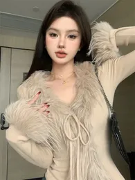 Women's Knits Tees s Solid Color Fur Knitted Vneck Tie Cardigan Women Clothes Cropped Fashion Girls Y2k Tops Korean Atmosphere Slim Fit Tshirt 230918