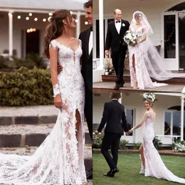 Sexy Beach Bohemian Boho Lace Mermaid Wedding Dresses Long Sleeve Open Back Full Lace Country Wedding Dress Bridal Gowns Vestdiso 316w