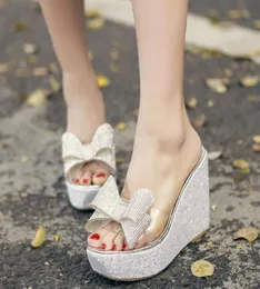 Glitter White Gold Crystal Rhinestone Bowknot Wedge Shoes Bridal Wedding Shoes Size 34 to 40 TradingBear3204638