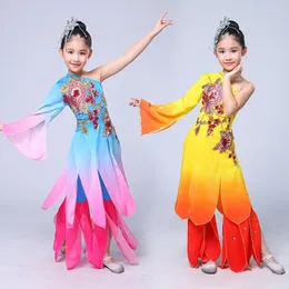 Palco desgaste chegam crianças yangko dança roupas chinês fã nacional traje clássico folk de um ombro