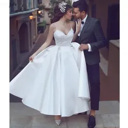 Abiti da sposa corti lunghezza tè in raso bianco 2024 Abiti da sposa economici senza spalline senza spalline Abiti da sposa