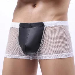 Underpants See-Through Mesh Mens Underwear Boxers Sexy Spliced Faux Leather Bulge Penis Pouch Boxershorts Erotic Gay Lingerie Male Panties