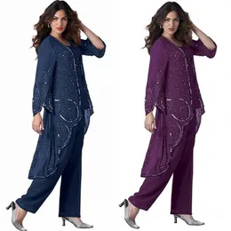 splendido tre pezzi viola madre della sposa pantalone tailleur plus size sposo madre da sera maniche lunghe chiffon con paillettes formale dre3390