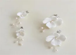 White Ceramic Flower Earrings Wedding Bridal Jewelry Set Freshwater Pearls Flowers Floral Earring Fashion Charm Dropping Long Drop4092813
