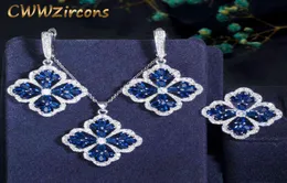 CWWZircons Dark Blue Cubic Zirconia Crystal Big Dangle Drop Lucky Flower Leaf Earring Necklace Ring Women Chic Jewelry Sets T328 29780661