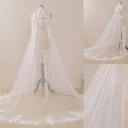 Véus nupciais renda apliques borda véu de casamento branco capela comprimento única camada po estúdio modelo ilusão acessórios
