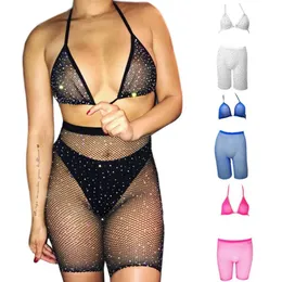 Przez zestaw bielizny Fishnet Glitter Wiercenie Rhinestone kantarki Bra Shors Legginsy Lingie B Solid Color Beachwear196J