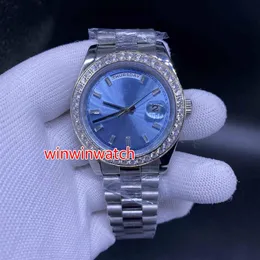 럭셔리 남성 다이아몬드 시계 자동 기계식 시계 스테인리스 스틸 블루 다이얼 시계 작은 다이아몬드 베젤 손목 시계 40mm256g
