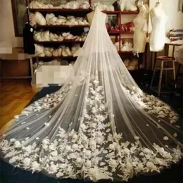 Véus de noiva 4 metros marfim/branco renda borda flores tule catedral casamento longo veu de noiva 2023 acessórios