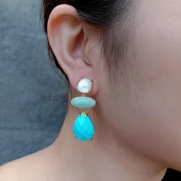 Studörhängen Yygem Natural White Shell Green Amazonite 15x19mm Blue Turquoise Earring Luxury Elegant smycken