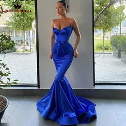 Vestidos de festa azul real baile de formatura cintas de espaguete seda cetim arco cinto sereia abendkleider zíper voltar vestidos de fiesta noche lp16