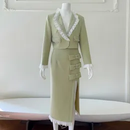 Blazer + mini etek uzun midi takım elbise yay split lüks el yapımı fırfırlı dantel şık retro sıcak pembe kızlar kısa ceket yaz takım elbise pullu mükemmel pullu parti elbise