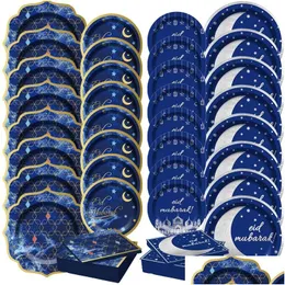 Stoviglie usa e getta Eid Mubarak Stoviglie Piatto di carta Tovaglioli Tazza Tovaglia Banner Set Ramadan Musulmano Islamico Decorazioni per feste Othgk