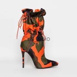 Stiefel Mode Spitzschuh Mitte Wade Stiefel für Frauen Camouflage Print Stiletto Lace Up Damenschuhe Damen High Heels Neue Botas Mujer J230919