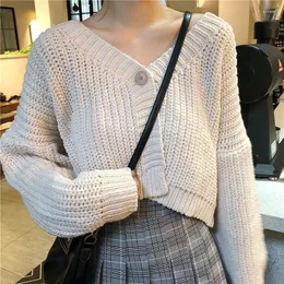 Kvinnors stickor Kvinnor Crop Sticke Cardigan One Button V-ringen Lång ärmstorlek Chic Autumn Outwear Sweater Coat Korean Style