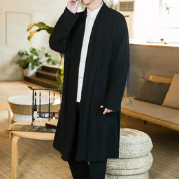 Etnisk kläder Kinesisk stil Mäns Robe Cloak Loose Linen Cardigan Jacket Fashion Streetwear Solid Color Casual Mid-Length Trench Coat