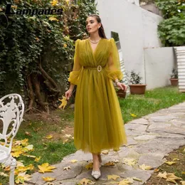 Parti Elbiseleri V Yaka Uzun Kollu Yeşil Tül Ayak Bileği Uzunluğu Balo Elbise Kemer Boyu Soiree Femme Longue de Luxe Vestido Festa Luxo