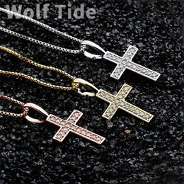 Fin kvalitet 925 Sterling Silver Womens Cross Pendant Necklace Gold Plated Iced Cubic Zirconia Bling Diamond Hip Hop Jewelry Bijoux Vaneltine Gift for Ladies