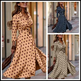 Kate Middleton Högkvalitativ hösten New Style Women's Fashion Party Casual Elegant Gentlewoman Polka Dot Print Midi Dress 201204