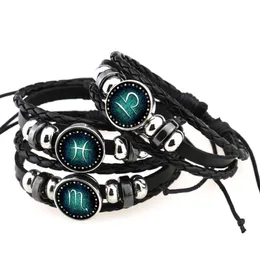 Charm Bracelets Fashion Twee Horoscope Braided Rope Leather Bracelet Vintage Black Beaded 12 Zodiac For Women Men Diy Punk Jewelry Dro Dhepo