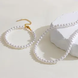 Colares de pingente elegante branco pérola pulseiras para mulheres doce feminino conjunto de jóias de casamento meninas gargantilha clavícula corrente festa presente