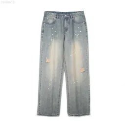 High Street Trendy Marca Lavado Velho Salpicado Tinta Buraco Vibe Estilo Tubo Reto Casual Jeansx7d0