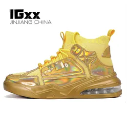 Boots IGxx High Top Boots For Men Sneakers Air Cushion Casual PU Mesh Breathable Shoes Men's Flats Motorcycle Lace-up Men Gold 230919