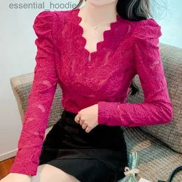 Women's Blouses Shirts Elegant Sexy Rose Red Lace Shirt Blouse Beautiful Bubble Sleeve Brushed Basic Top Women Autumn Blusas Black White L230919