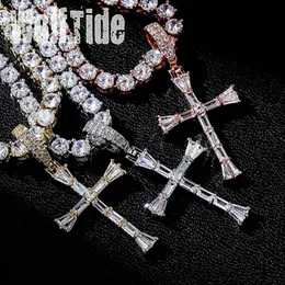 Iced Out Baguette Cubic Zirconia Cross Pendant Chain Halsband Personlig 18K Real Gold Plated Square Cz Diamond Hip Hop Rapper Jewelry Gifts For Men Women Bijoux
