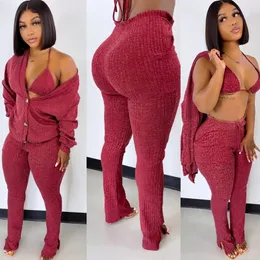 Calças femininas de duas peças de lã sólida malha costela 3 conjunto outono inverno roupas para mulheres casual botão casaco fenda flare tracksuit sweatsuit