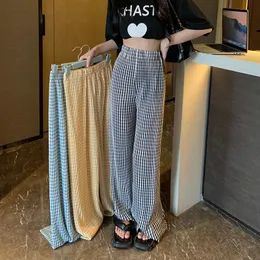 Women's Pants s Femme Fashion Printing Plaid High Waist Straight Women Clothing Allmatch Pleated Elastic Trousers Summer Casual Wide Leg 230919