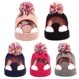 Adorável chapéu de malha nicho arco-íris lã w colorido pompom gorro quente para o inverno uso diário escola jardim de infância 230920