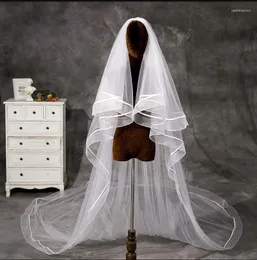 Bridal Veils Eleganckie kobiety zasłony 2 warstwy 300 cm tiulowe satynowe akcesoria ślubne