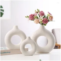 Vases Nordic Doughnut Whtie Yellow Ceramic Flower Vase Circar Hollow Donuts Pot Home Decoration Accessoriesvases Drop Delivery Garden Dhfgq