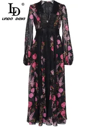 Urban Sexy Dresses LD LINDA DELLA Designer Autumn Winter Dress Women's Lace Lantern sleeve High waist Flower Print Party Vintage Black Midi Dress 230918