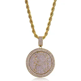 Collana con pendente tondo spin da uomo con zirconi cubici bling Ice Out Gioielli in oro placcato argento Collana Hip Hop di nuova moda2518