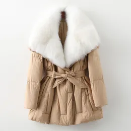 Para mujer abajo Parkas invierno mujeres cortas chaquetas de ganso blanco cinturón de moda cintura ropa exterior elegante abrigos de piel ropa femenina caliente 230915