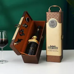 Bar Tools Classic PU Leather Single Red Wine Holder Luxury Ring Paper Cutter Seahorse Knife Wine Pourer Wood Wine Packing Box Gift Box 230918