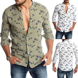 Spring Autumn Casual Men Pigeon Print Buttons Long Sleeve Fashion Pure Shirt Linen Slim Top s comfortable292S