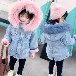 Jackets Baby Girl Winter Denim Jacket Clothes Children Plus Velvet Thick Fur Collar Hooded Warm 230918